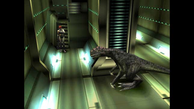 The protagonist of Dino Crisis walks down a flight of stairs while a dinosaur waits around the corner from her.