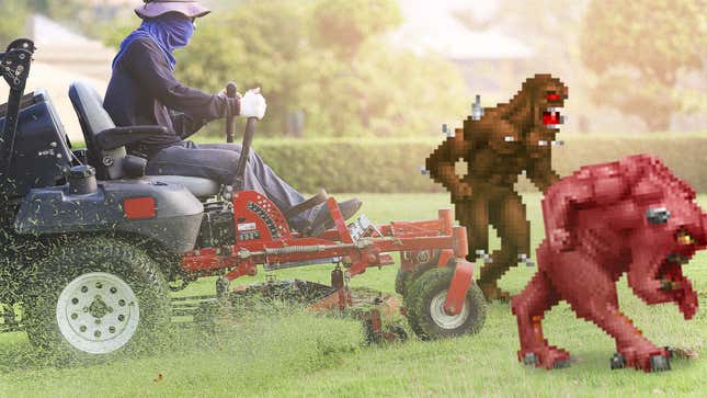 An image shows demons from Doom running away from a lawnmower. 