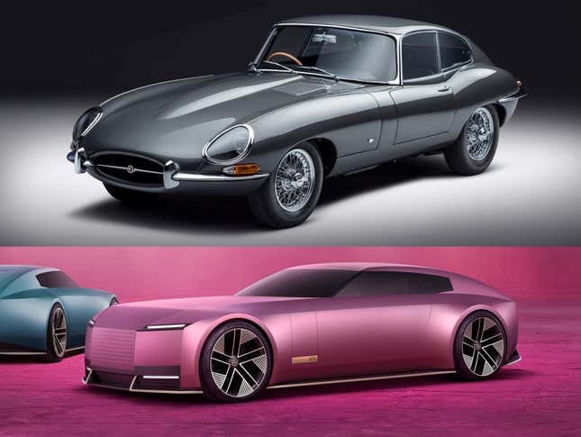 Collage showing the front 3/4 views of a grey Jaguar E-Type Coupe and the blue Jaguar Type 00 concept