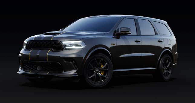 A render of the Durango 392 AlcHEMI in black with black hood stripes with yellow accents