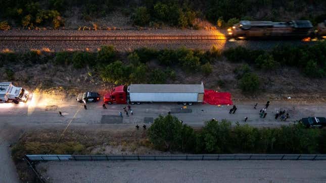 An aerial view of the abandoned tractor trailer on June 27 in San Antonio, Texas.