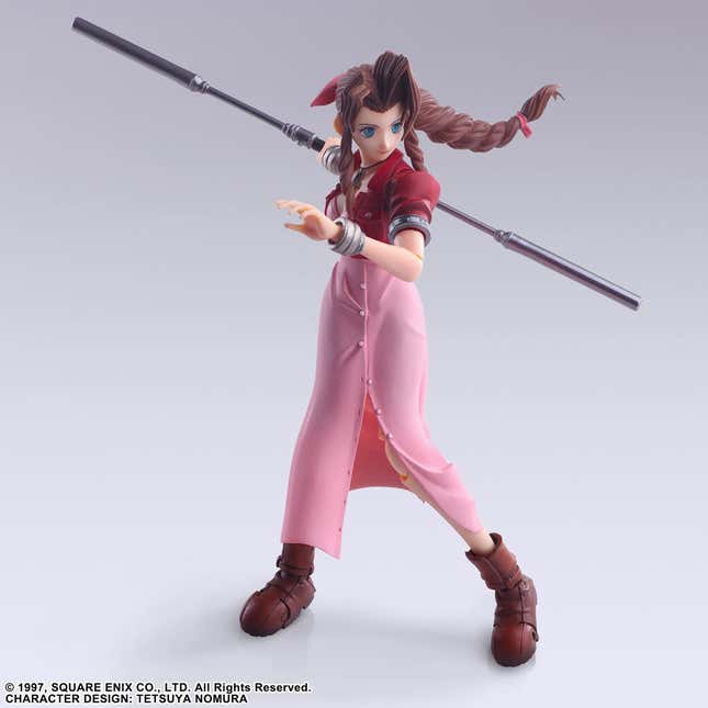 A photo shows a Final Fantasy VII character figure in action