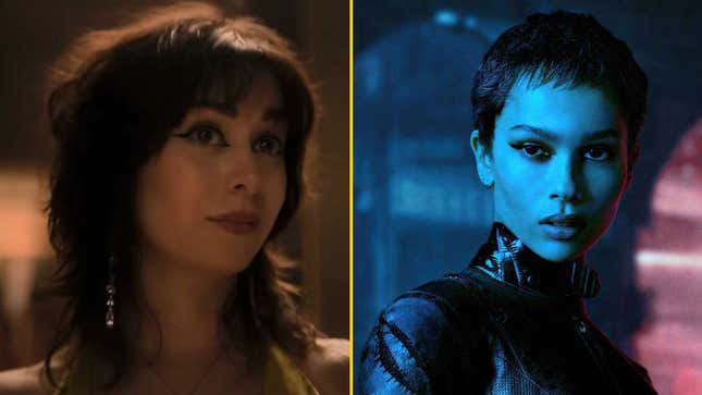 A split image of Cristin Milioti as Sofia Falcone in The Penguin and Zoe Kravitz as Selina Kyle/Catwoman in The Batman