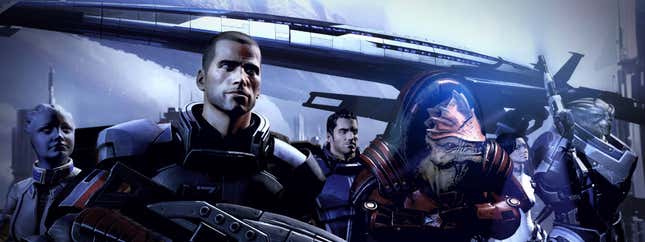 Mass Effect characters stand in front of the Normandy SR3.