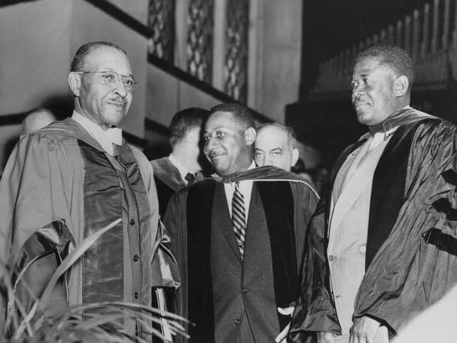  LTR: Dr. Charles S. Johnson, president, Fisk University; George . Redd, Ed.D., dean, College of Higher Studies, President Paul E. Magloire, Republic of Haiti. President Magloire given honorary degree by Fisk.