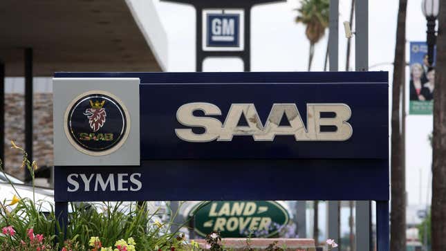 Saab, GM and Land Rover signage is seen at the Symes auto dealership lot, after it was announced that General Motors is selling Saab, on June 16, 2009 in Pasadena California.