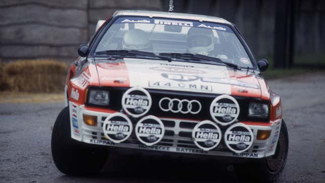 A photo of a vintage Audi Quattro rally car. 