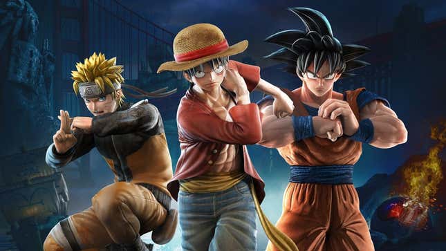 Jump Force artwork depicting Dragon Ball Z's Goku, Naruto Uzumaki from Naruto, and One Piece's Monkey D. Luffy.