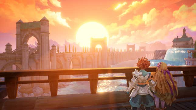 Two characters, a boy and a girl, stare at a beautiful sunset behind an elaborate bridge.