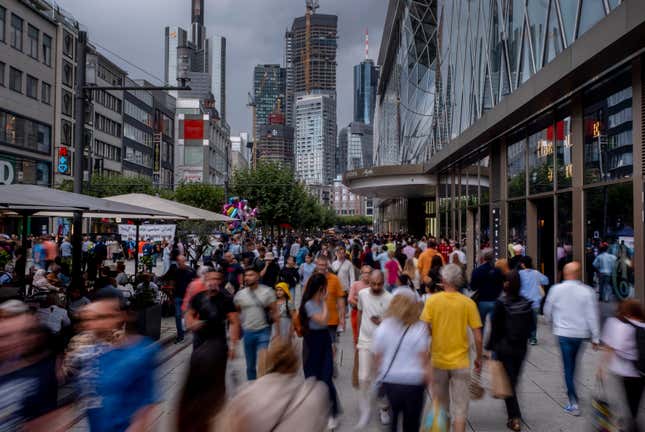 FILE - People walk in the main shopping street &#39;Zeil&#39; in central Frankfurt, Germany, on Aug. 5, 2023. Inflation plaguing Europe rose to 2.9% in December, rebounding after seven straight monthly declines. The rise in price levels cast doubt on predictions for speedy interest rate cuts from the European Central Bank. The figure released Friday Jan. 5, 2024 was up from the 2.4% annual inflation recorded in November — but is well down from the peak of 10.6% in October 2022. (AP Photo/Michael Probst, File)