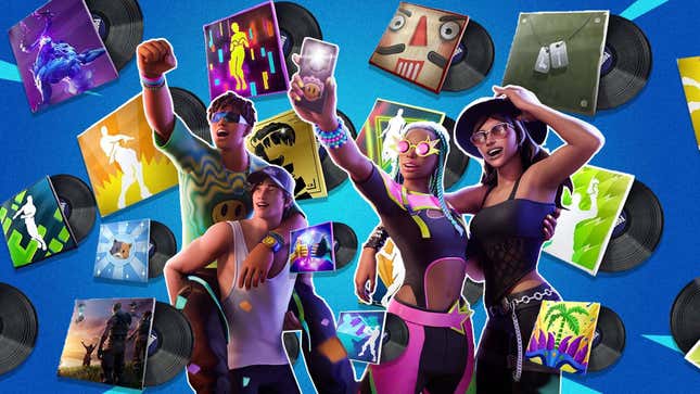 Fortnite characters cheer in front of a collection of album covers.