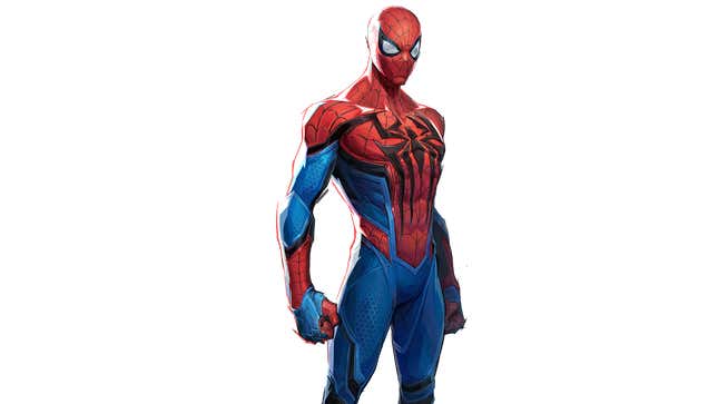 Spider-Man stands with his arms by his sides.