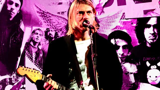 Center: Kurt Cobain of Nirvana (Photo: Jeff Kravitz/FilmMagic); left: Dave Grohl, Kurt Cobain, and Krist Novoselic (Photo: Paul Bergen/Redferns); right: Nirvana portrait, August 1991. (Photo: Niels van Iperen/Getty Images)