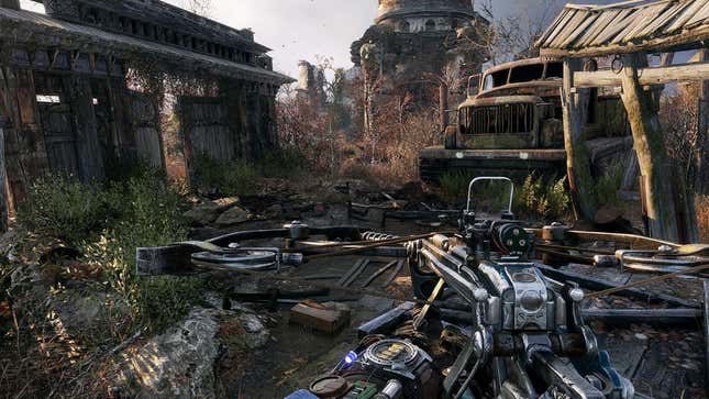 A screenshot of Metro Exodus featuring a crossbow. 