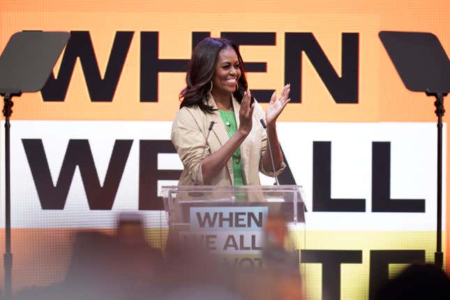 Former first lady Michelle Obama takes the stage during the Culture of Democracy Summit in Los Angeles, Monday, June 13, 2022.