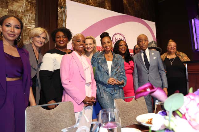 NEW YORK, NEW YORK - APRIL 11: Mara S. Campo, Mika Brzezinski, Stacey Abrams, Rachel Noerdlinger, Alicia Keys, Domonique Sharpton, Al Sharpton, and Dr. Valerie Daniels-Carter attend the National Action Network’s Women’s Empowerment Luncheon on April 11, 2024 in New York City. 