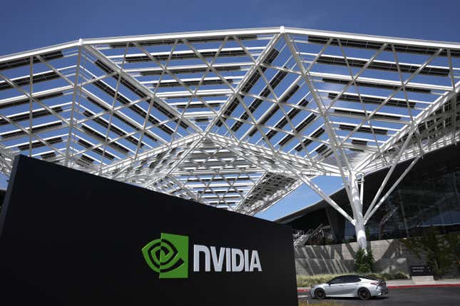 nvidia sign under white web-looking infrastructure at Nvidia headquarters