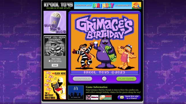 A screenshot shows the pixellated loading image for Grimace's Birthday along with milkshake advertisements.