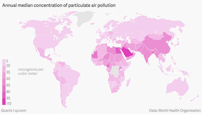 Concentrations of fine particulate matter air pollution.