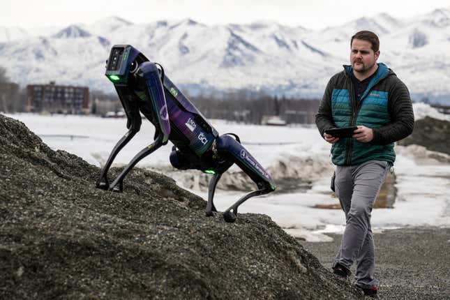 Alaska Department of Transportation program manager Ryan Marlow demonstrates the agency&#39;s robotic dog in Anchorage, Alaska, on March 26, 2024. The device will be camouflaged as a coyote or fox to ward off migratory birds and other wildlife at Alaska&#39;s second largest airport, the DOT said. (Marc Lester/Anchorage Daily News via AP)