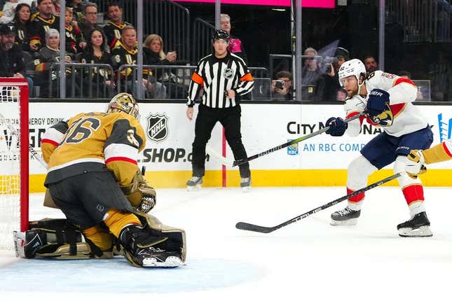 Jan 4, 2024; Las Vegas, Nevada, USA; Florida Panthers center Kevin Stenlund (82) shoots against Vegas Golden Knights goaltender Logan Thompson (36) during the first period at T-Mobile Arena.