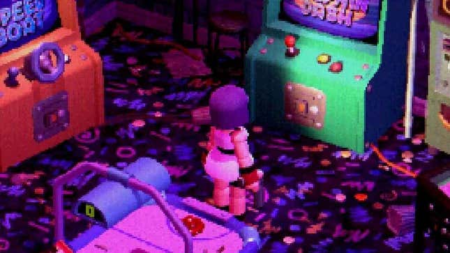 A woman is bathed in purple light as she stands in an arcade