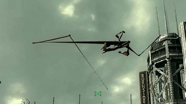 A screenshot shows a body flying through the air in Fallout 3. 