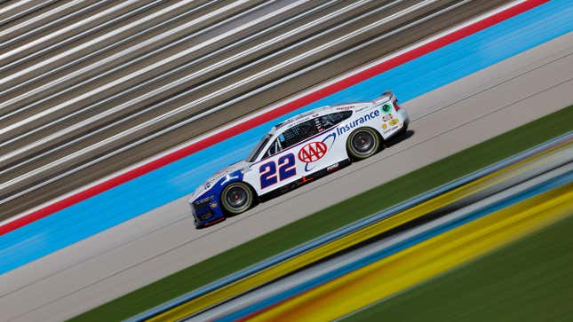 Joey Logano, driver of the #22 AAA Insurance Ford, drives during practice for the NASCAR Cup Series AutoTrader EchoPark Automotive 400 at Texas Motor Speedway on April 13, 2024 in Fort Worth, Texas.