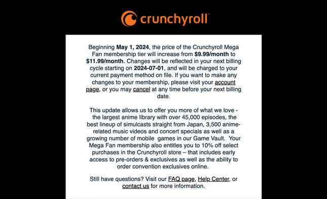 A screenshot of an email sent from Crunchyroll to subscribers about the price increase starting May 1.