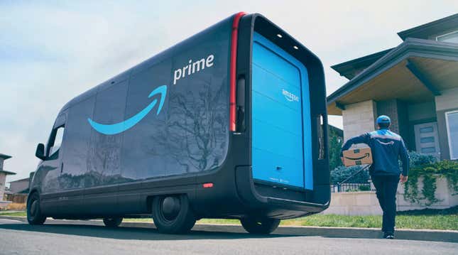 Amazon delivery driver walking to a house with a package with an Amazon Prime van beside him