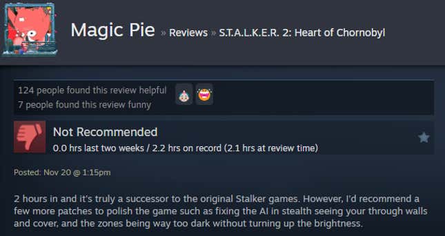 A screenshot shows a Steam user review for Stalker 2.