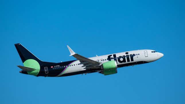 A photo of a Flair Airline Boeing 737 Max plane. 