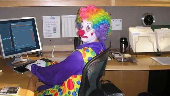 A clown looking at a computer screen. 