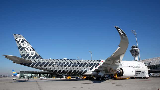 An Airbus A350X WB passenger plane stands on the tarmac at Munich Airport during a presentation of the new plane by Airbus officials on February 27, 2015 in Munich, Germany. 