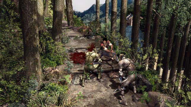 A protagonist of Onimusha 2 braces for an attack from two enemies.