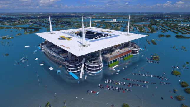 A rendering of Hard Rock Stadium under a foot and a half of flood water.