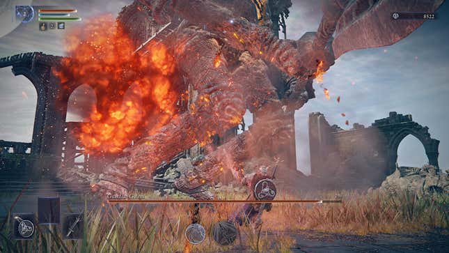 A player character fights a large boss.