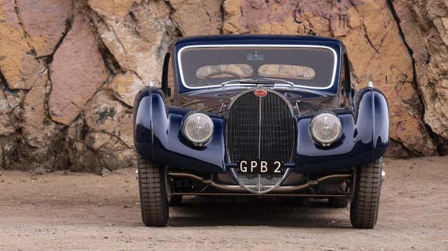 Front of a 1937 dark blue Bugatti Type 57SC Atalante