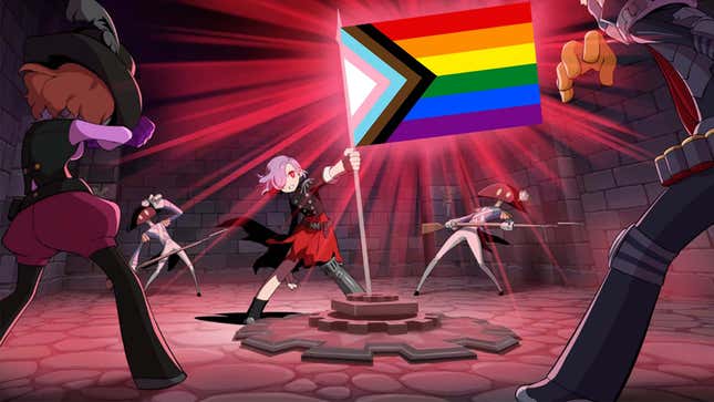 Irina is shown holding a pride flag in the middle of the battlefield.