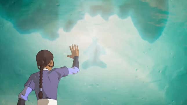 A screenshot of Katara in Fortnite reenacting how she finds Aang in Avatar: The Last Airbender.