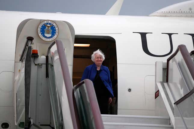 U.S. Treasury Secretary Janet Yellen arrives on a plane at Guangzhou Baiyun Airport in southern China&#39;s Guangdong province, Thursday, April 4, 2024. Treasury Secretary Janet Yellen is heading to a China that is determined to avoid open conflict with the United States. (AP Photo/Andy Wong, Pool)