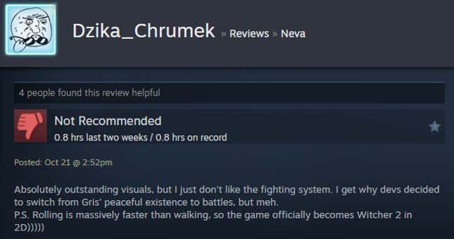 A screenshot shows a Steam user review from Neva.