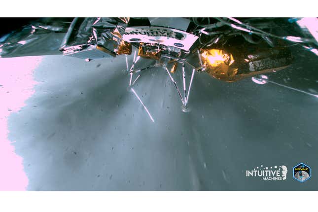 This image provided by Intuitive Machines shows a broken landing leg on the Odysseus lander. The lander touched down near the moon&#39;s south pole on Feb. 22, 2024, but then fell over on its side, hampering communications. (Intuitive Machines via AP)