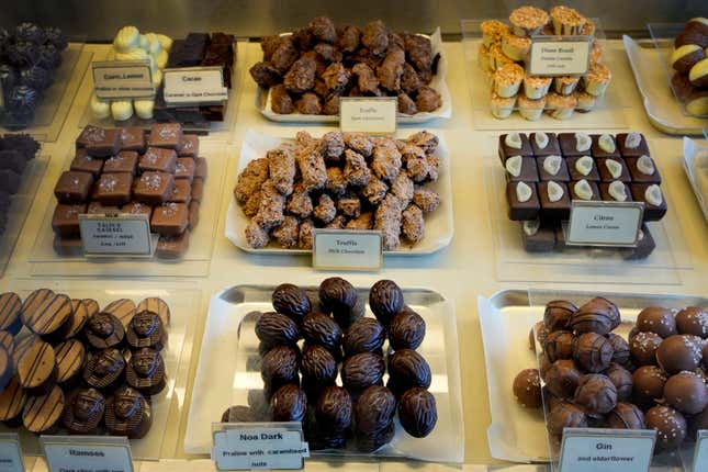 Luxury handmade Belgian Chocolates are seen displayed at Sandrine a chocolate shop owned by Niaz Mardan, in south west London, Thursday, March 21, 2024. Niaz Mardan, is suffering due to high cocoa prices, she&#39;s making no profits and fears she will have to close the shop that&#39;s been around for 25 years (she&#39;s the third owner and took over in 2019). (AP Photo/Kirsty Wigglesworth)