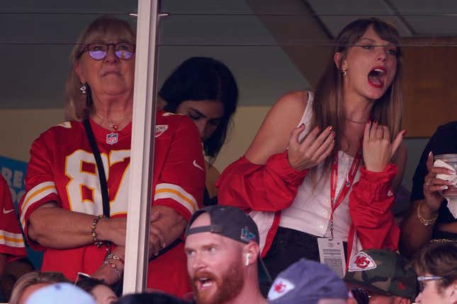 File - Taylor Swift, right, watches from a suite alongside Travis Kelce&#39;s mother, Donna Kelce, inside Arrowhead Stadium during the first half of an NFL football game between the Chicago Bears and Kansas City Chiefs Sunday, Sept. 24, 2023, in Kansas City, Mo. Following the 12-time Grammy Award winner&#39;s appearance at the game, jersey sales for the All-Pro tight-end seemingly skyrocketed. (AP Photo/Ed Zurga, File)