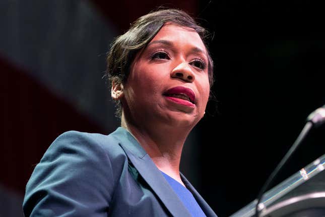 Boston City Councilor, and candidate for state attorney general, Andrea Campbell speaks during the state’s Democratic party convention, Saturday, June 4, 2022, in Worcester, Mass.