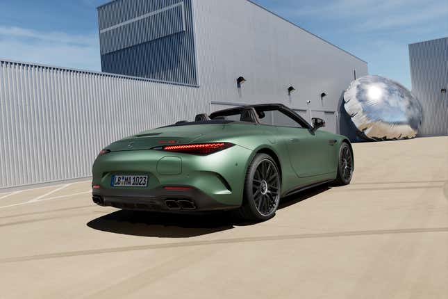 Rear 3/4 view of a green Mercedes-AMG SL