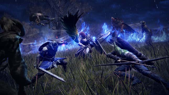 Magic glows around players as they attack monsters from all directions.