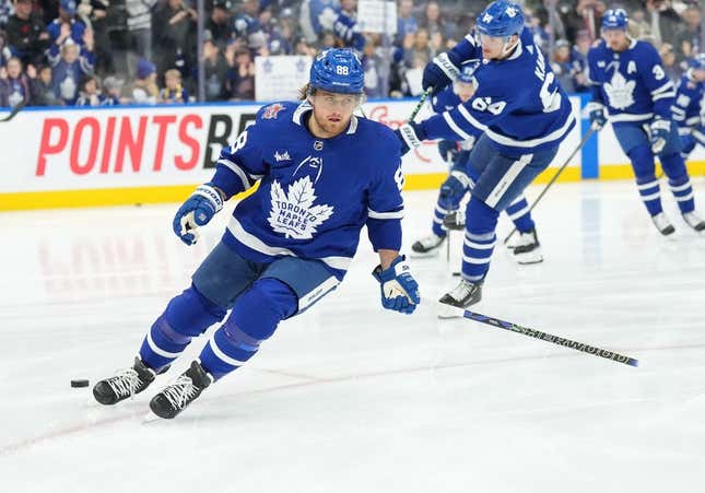 Nov 11, 2023; Toronto, Ontario, CAN; Toronto Maple Leafs right wing William Nylander (88) skates during the warmup before a game against the Vancouver Canucks at Scotiabank Arena.
