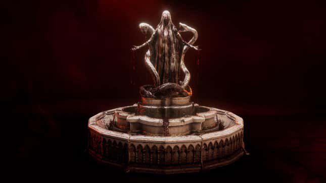 Blood pours from a Diablo IV stone fountain.